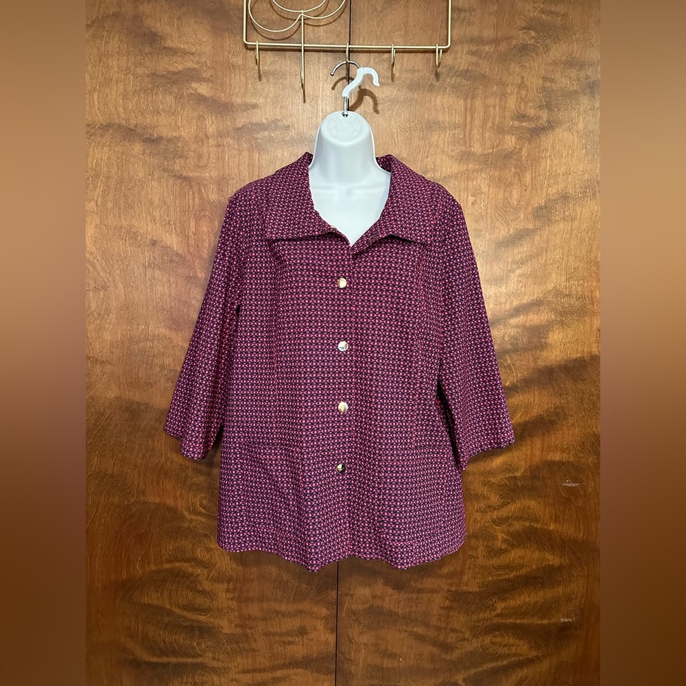 ATTYRE New York Knit Jacket Blazer Womens XL Navy & Pink Floral 3/4 Sleeves